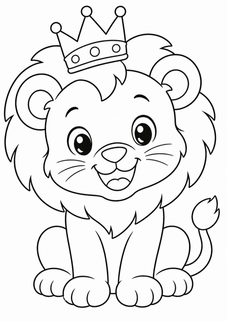 A children's coloring page depicting an adorable lion cub with a fluffy mane and a royal crown, having a friendly expression, perfect for kids to color.