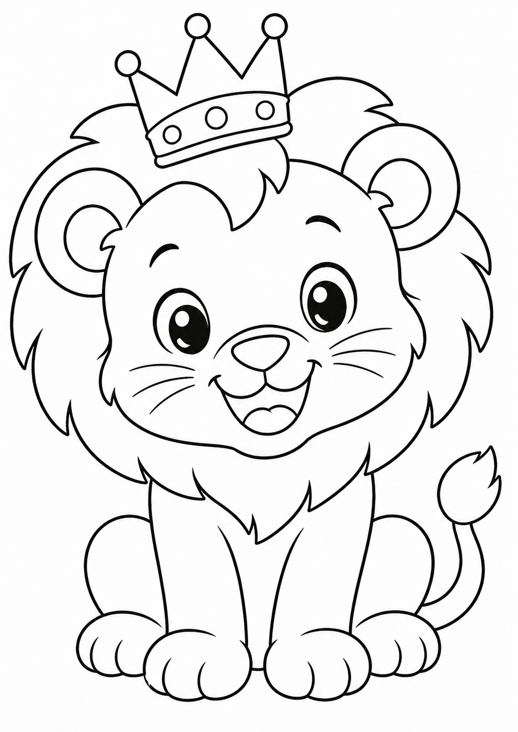 A children's coloring page depicting an adorable lion cub with a fluffy mane and a royal crown, having a friendly expression, perfect for kids to color.