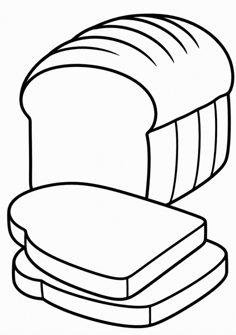 Coloring page showing a loaf of bread with slices detailed for children to color. Encourages creativity and learning about food.