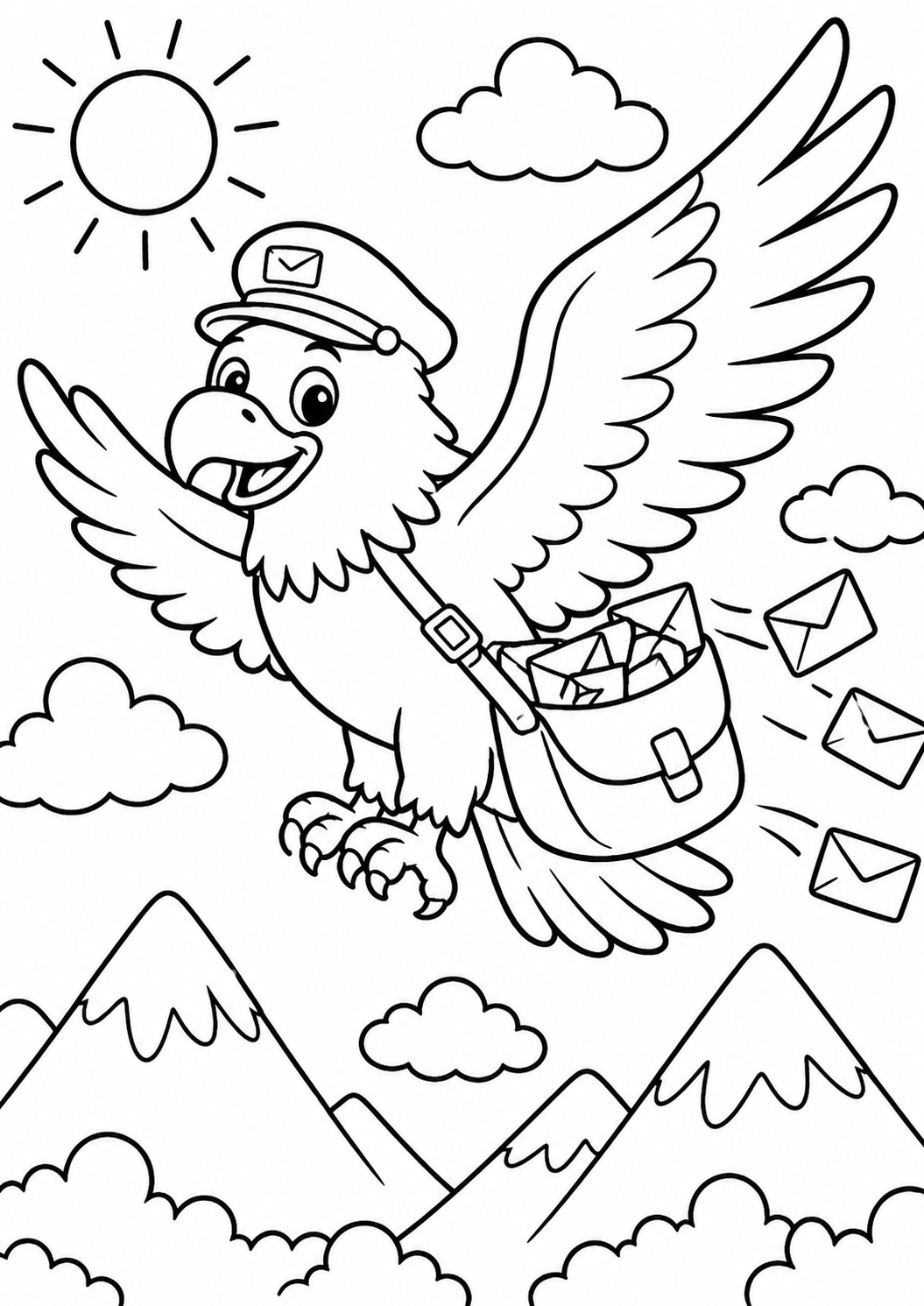 A cheerful bird with a postman's hat is carrying a mail bag. It is flying through a sky decorated with clouds and mountains. This engaging scene encourages creativity and fun for children.