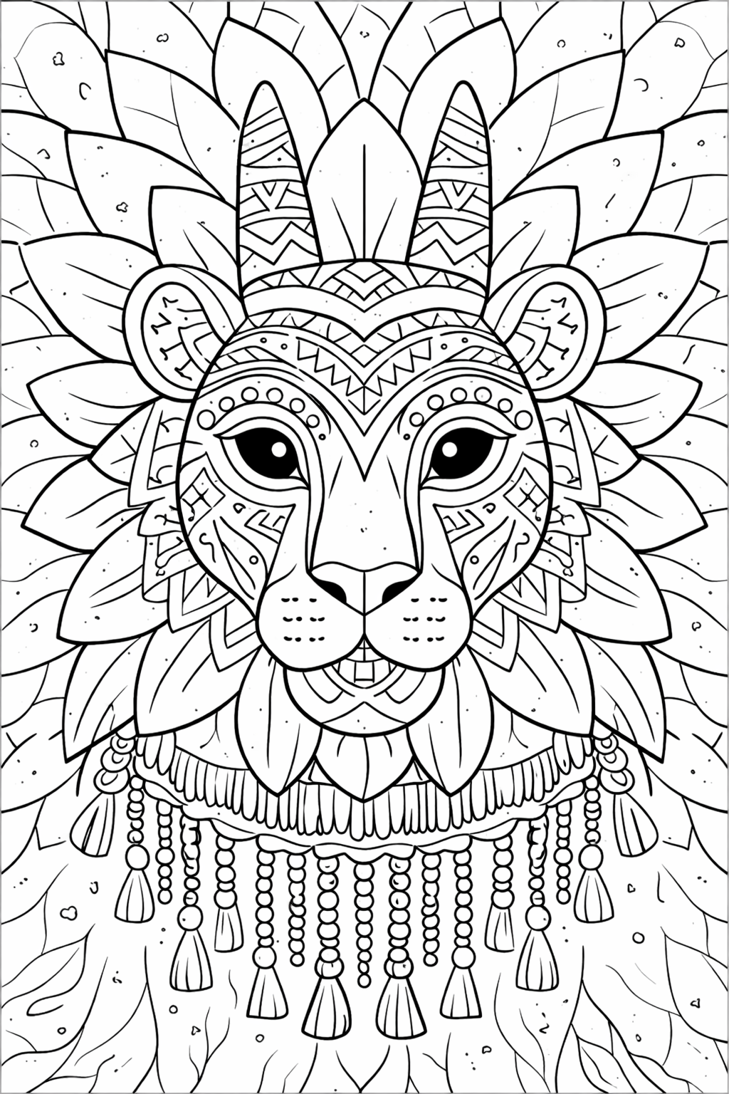 An intricately designed mandala lion aimed at engaging children in a creative coloring activity. It provides detailed patterns and elements around the lion’s face and mane, inviting young artists to fill it with vibrant colors.