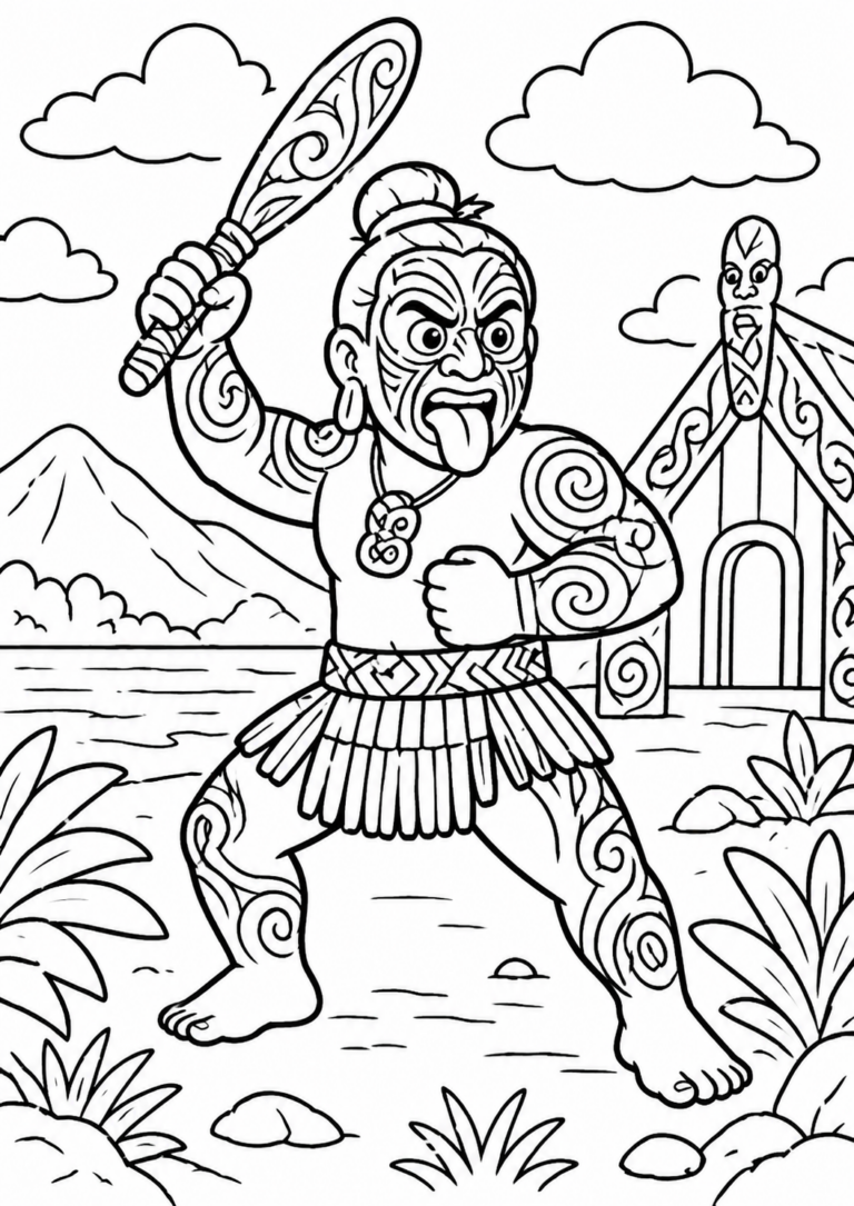 A coloring page of a Maori warrior with intricate tattoos, holding a club. The background includes a mountain, clouds, and a traditional building. This page encourages children to explore Maori culture through coloring.