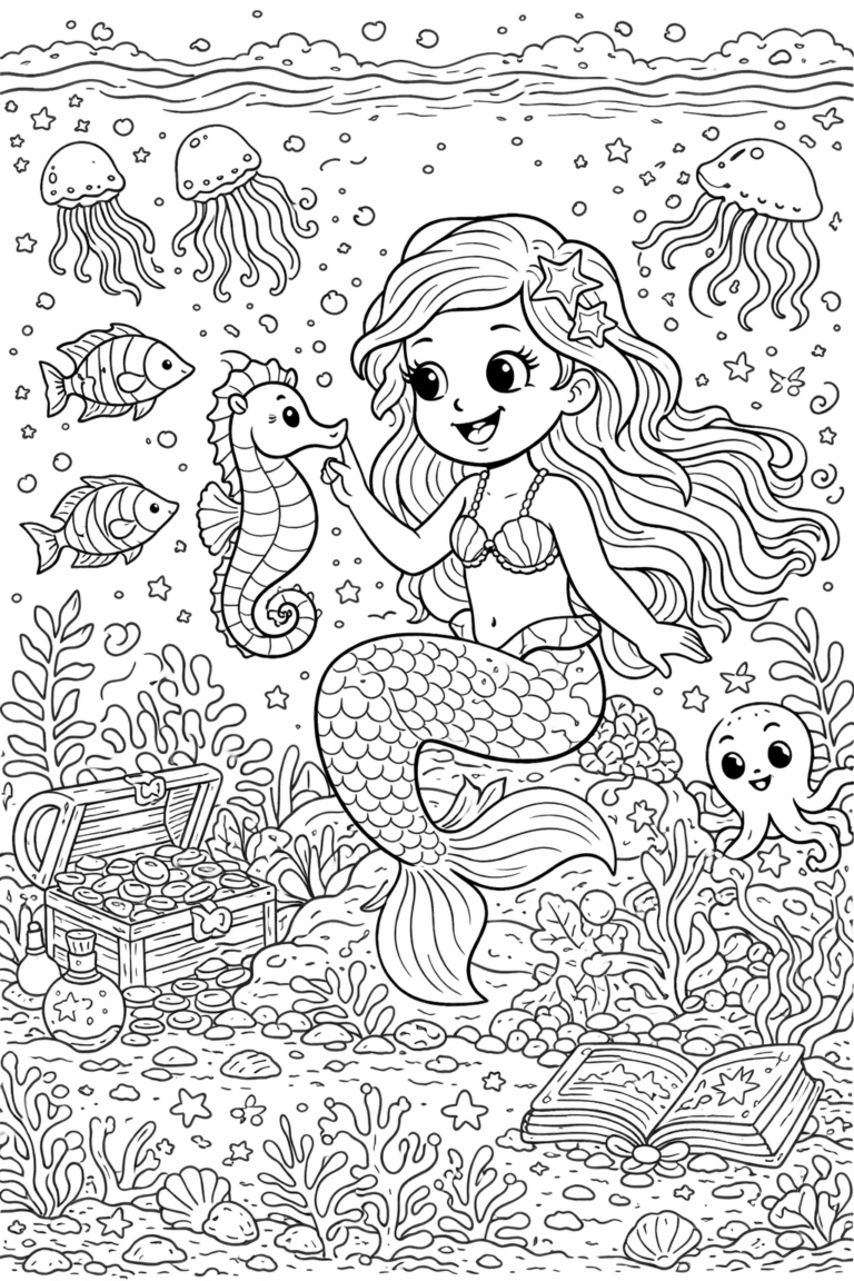A detailed mermaid coloring page featuring a mermaid with long hair, surrounded by sea creatures like fish, a seahorse, and jellyfish. Includes a treasure chest and open book under the sea, set in a vibrant coral reef.