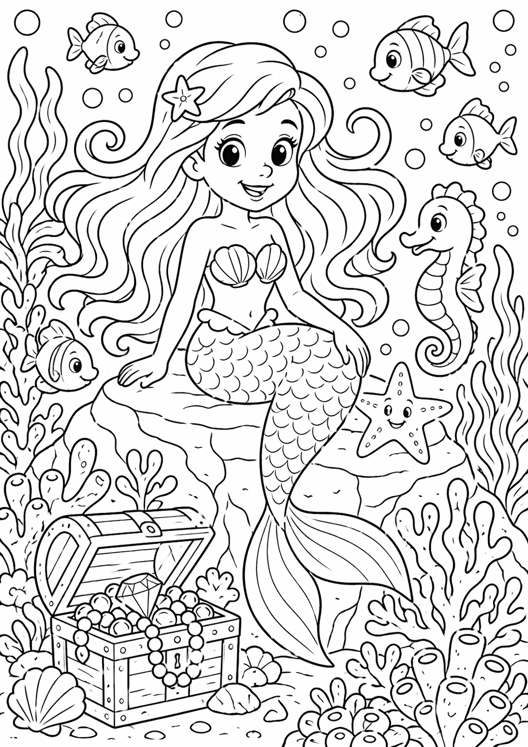A children's coloring page showing a mermaid sitting on a rock underwater with fish, a seahorse, and a treasure chest. Perfect for kids to color and explore ocean fantasies with vibrant colors.