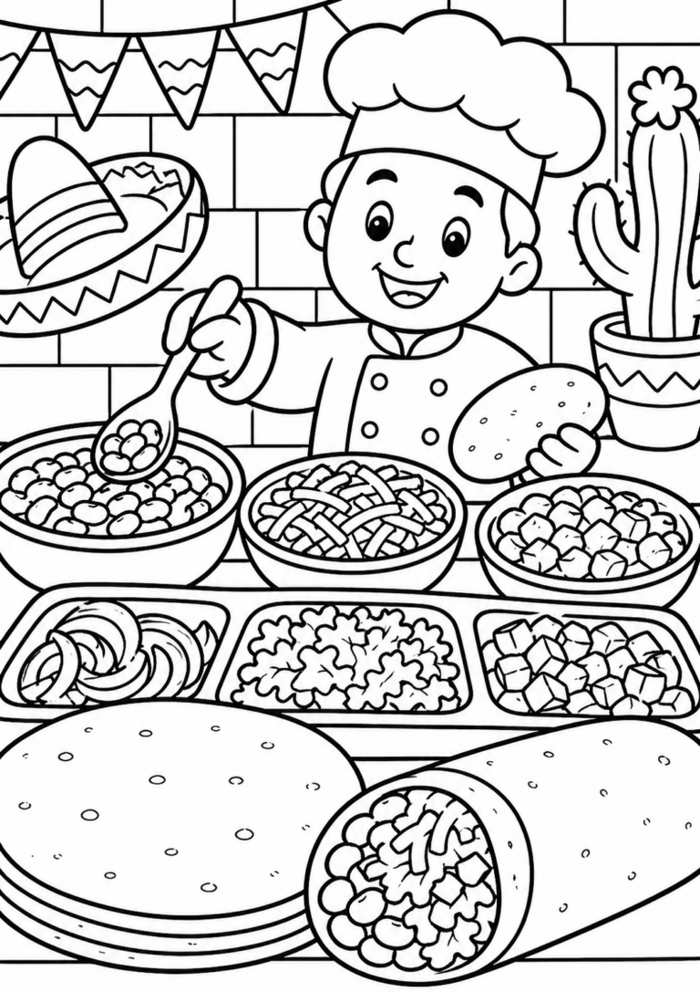 A cheerful chef standing among Mexican food items like tacos and burritos. The scene includes a decorative cactus, a sombrero, and various traditional dishes, inviting children to explore creativity through coloring.