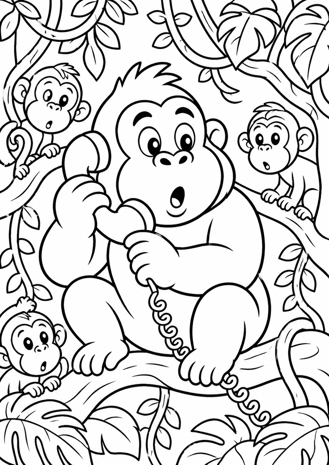 A playful monkey holding a phone surrounded by baby monkeys in a jungle landscape, designed as a coloring activity for children to enjoy and learn about animals.