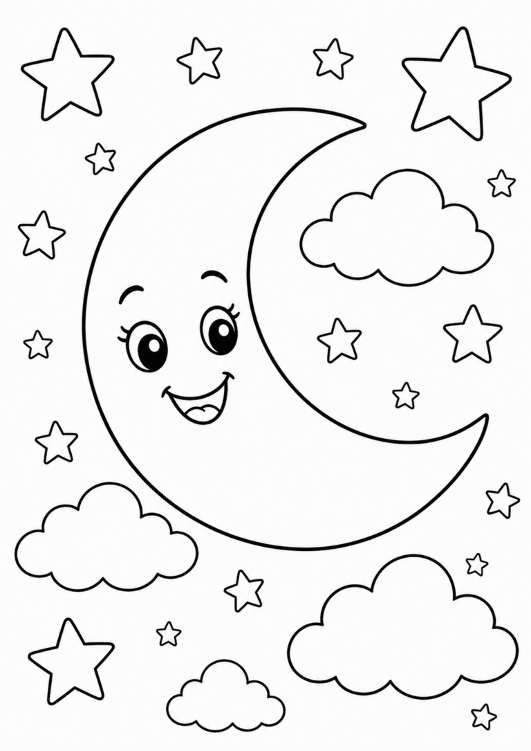 A charming coloring page of a crescent moon with a face, surrounded by multiple stars and fluffy clouds, offering a creative activity for children.