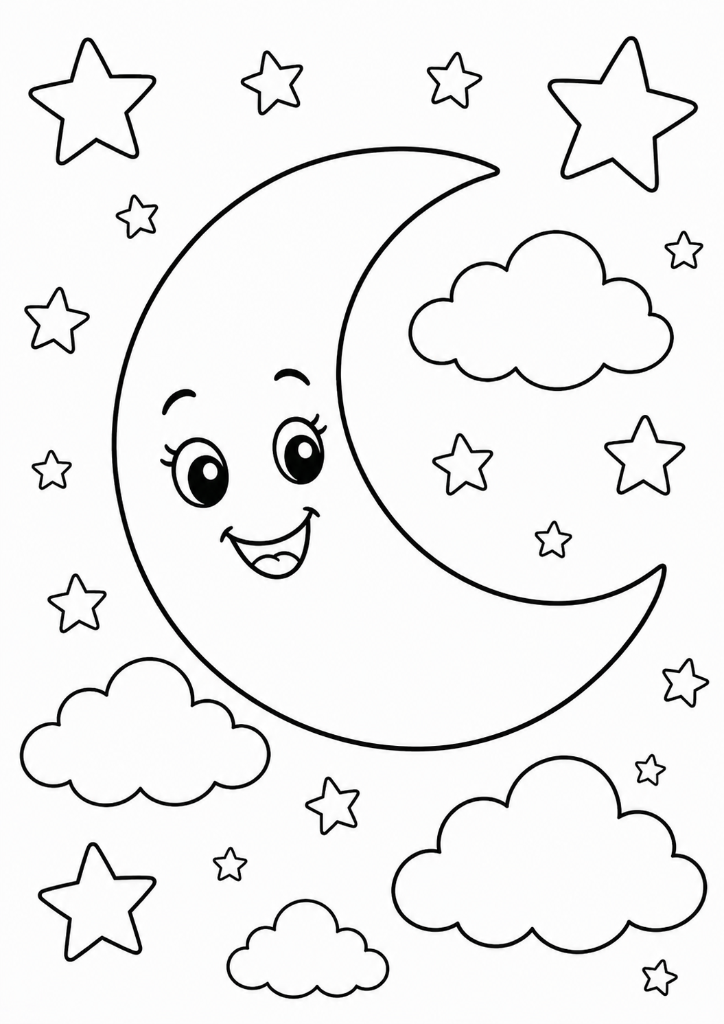 A charming coloring page of a crescent moon with a face, surrounded by multiple stars and fluffy clouds, offering a creative activity for children.