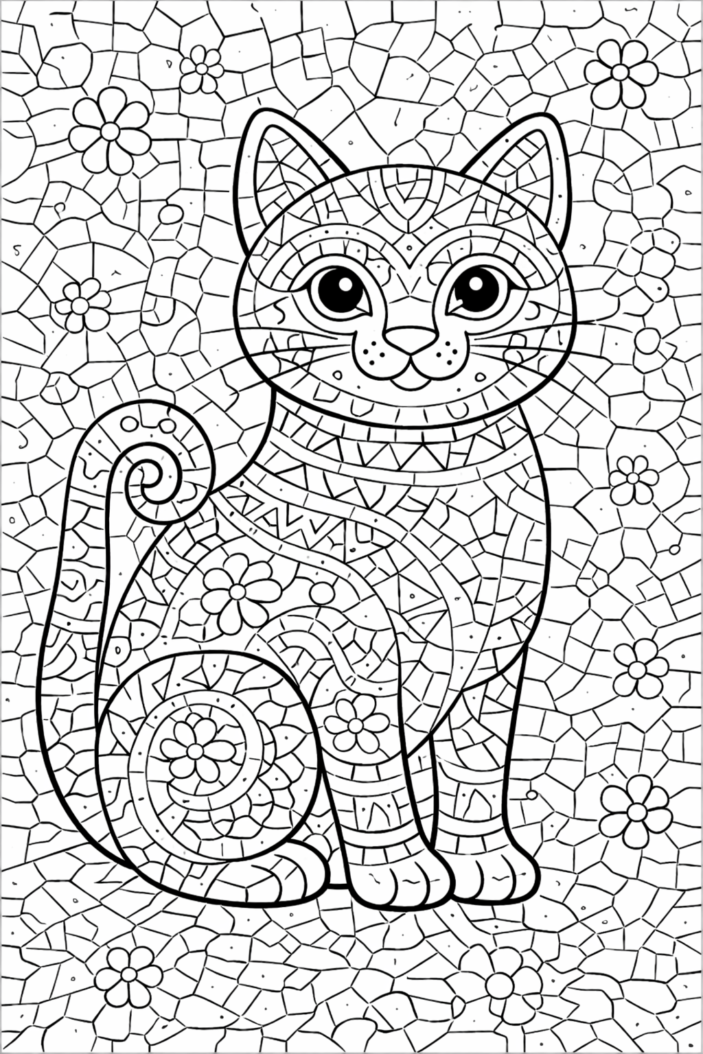 Intricate mosaic cat coloring page with a detailed cat and floral patterns, encouraging creativity and color exploration for kids.