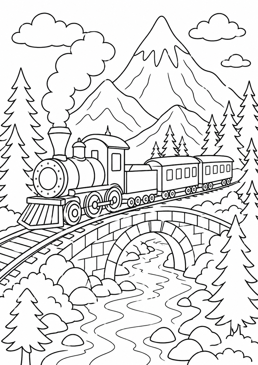 Coloring page of a steam train crossing a stone bridge. A scenic landscape with trees, mountains, and a river under fluffy clouds. Ideal for inspiring children’s creativity and imagination.