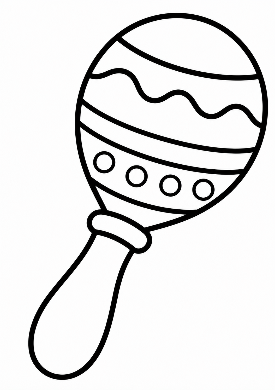 A coloring page of a maraca with decorative patterns. The design includes wavy lines, circles, and sections for children to fill with vibrant colors, promoting creativity and fine motor skills development.
