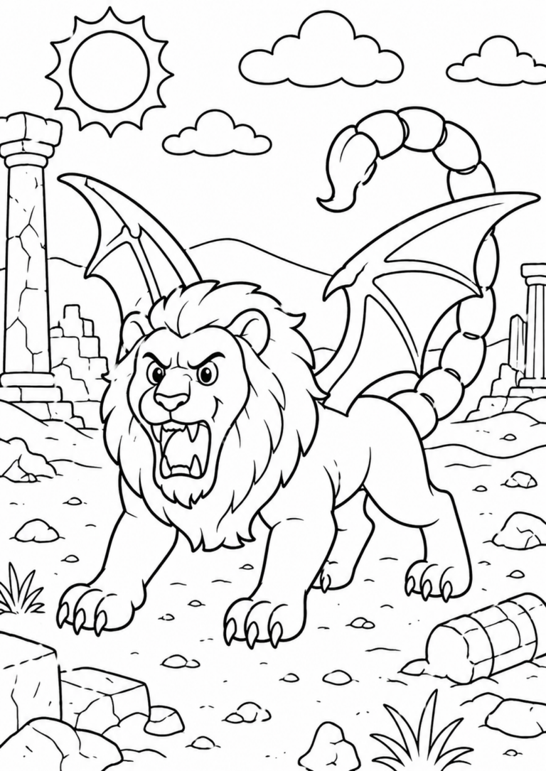 Color the fierce mythical lion with dragon wings, a scorpion tail, and ancient ruins in the background. A sunny sky sets the scene in this imaginative coloring page perfect for kids.