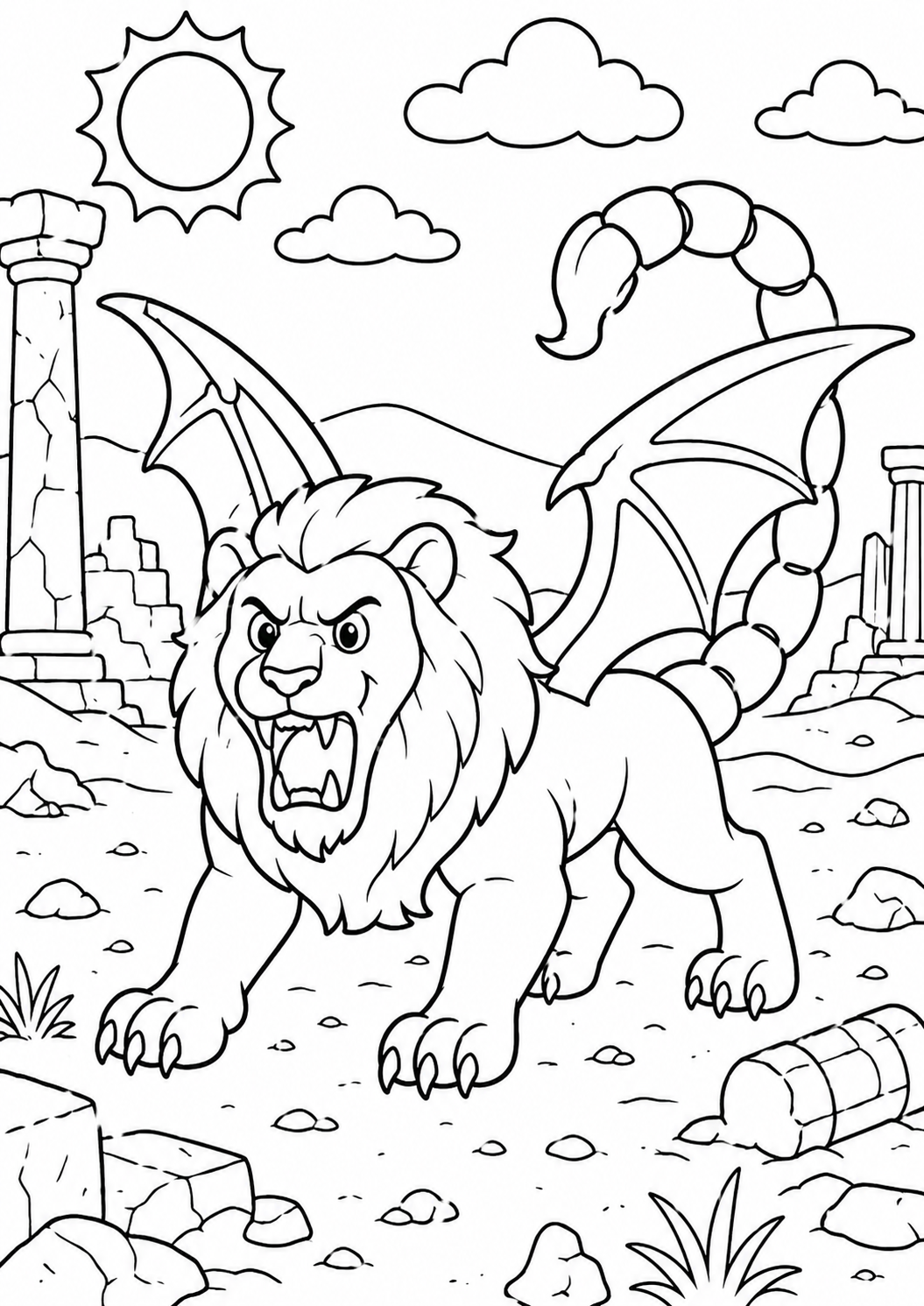 Color the fierce mythical lion with dragon wings, a scorpion tail, and ancient ruins in the background. A sunny sky sets the scene in this imaginative coloring page perfect for kids.