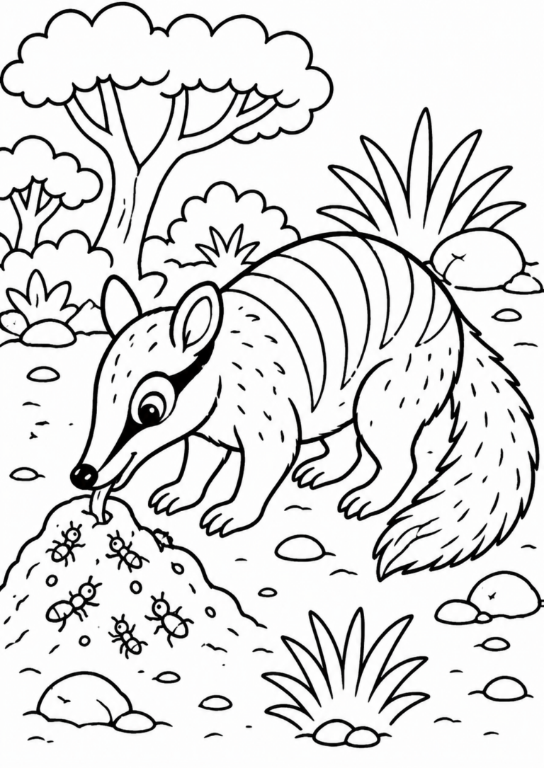 Children's coloring page featuring a numbat in its natural environment, showing the striped creature with a pointy snout feeding on ants on a sandy surface with surrounding vegetation.