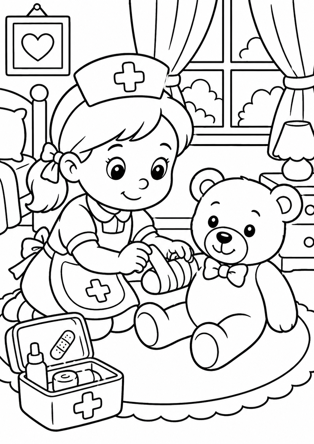 A young nurse bandages a teddy bear’s leg in a cozy room setting. The page offers elements like a heart picture on the wall, a window with curtains, and a bedside lamp for kids to color.