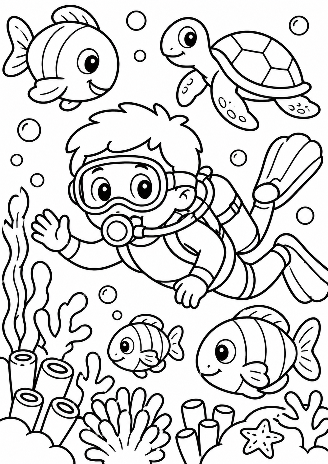 A charming coloring page showing a child scuba diving in the ocean, surrounded by cheerful fish, a turtle, and vibrant coral reefs, inviting children to add their own splash of color to this aquatic adventure.