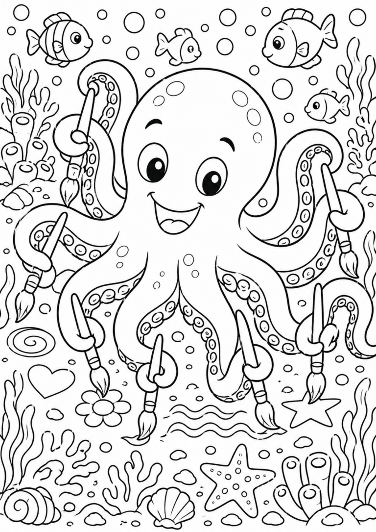 Coloring page depicting a cheerful octopus painting underwater scenes, surrounded by colorful fish and coral, encouraging creativity and marine exploration in children.