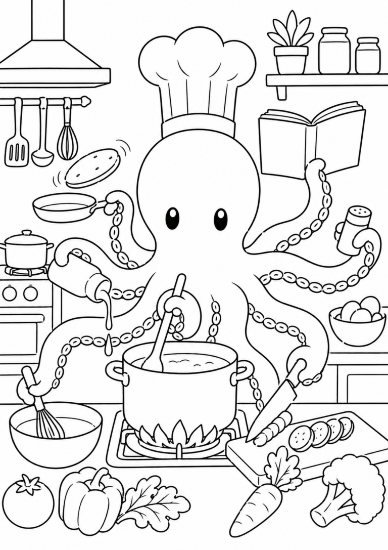 A busy octopus in a chef's hat using its arms to cook, mix, and chop in a lively kitchen scene. Children can color the page to bring this whimsical aquatic chef to life, enhancing creativity and fun.