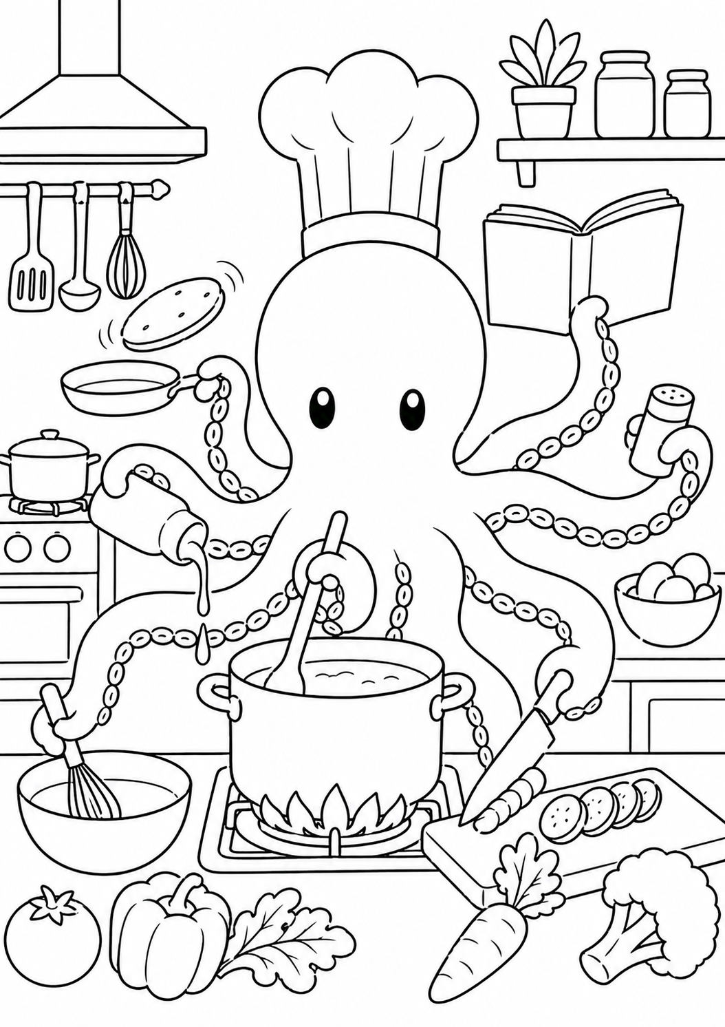A busy octopus in a chef's hat using its arms to cook, mix, and chop in a lively kitchen scene. Children can color the page to bring this whimsical aquatic chef to life, enhancing creativity and fun.