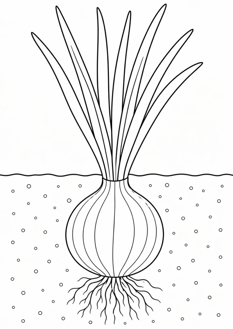 A detailed coloring page of an onion plant showing the bulb, roots, and leaves growing in the soil, designed to teach children about plant life.