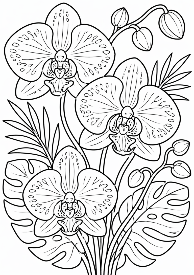 Detailed orchid flowers with intricate petal patterns and lush leaves offer an engaging coloring opportunity for children to explore creativity and improve fine motor skills.