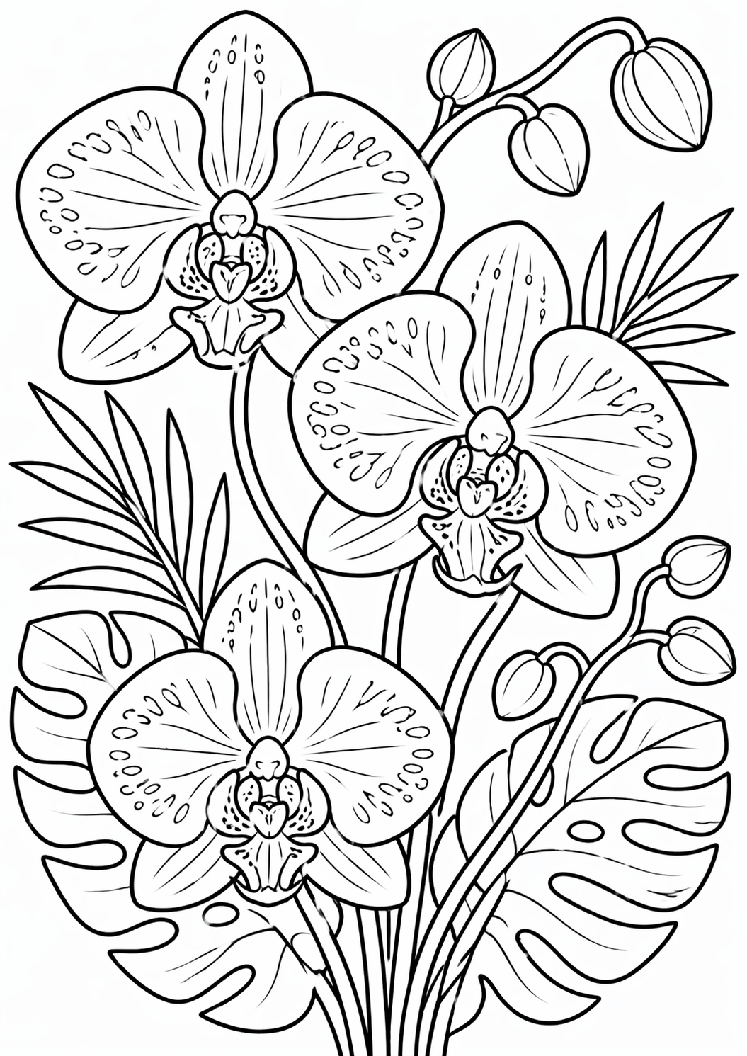 Detailed orchid flowers with intricate petal patterns and lush leaves offer an engaging coloring opportunity for children to explore creativity and improve fine motor skills.