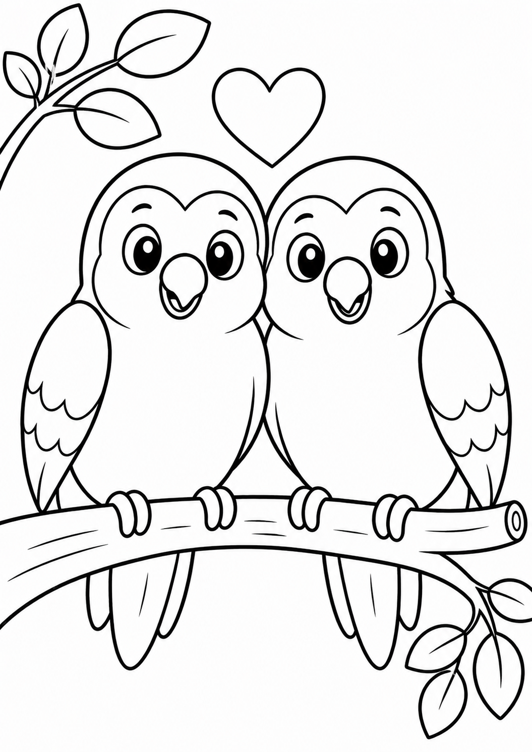 Two adorable owls perched on a branch with a heart above them, surrounded by leaves. Their wide eyes and pleasant expressions make this coloring page perfect for kids to color creatively and enjoy.