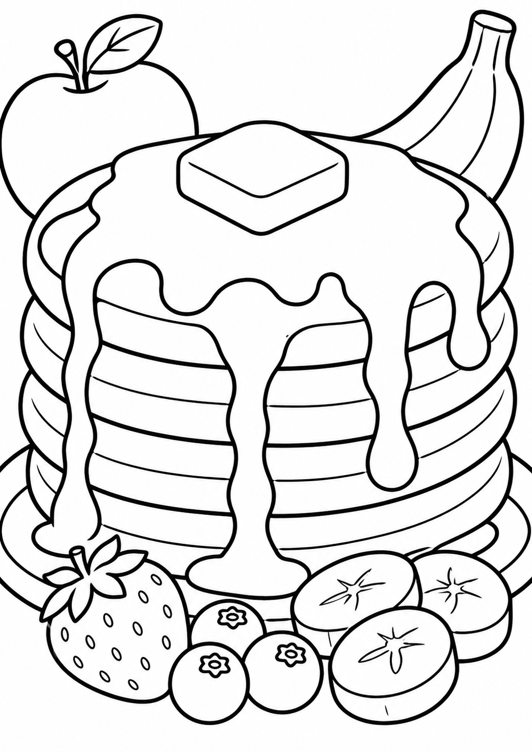 A stack of pancakes topped with syrup and butter, surrounded by fruits like bananas, strawberries, and blueberries, inviting children to add vibrant colors to the breakfast-themed coloring page.
