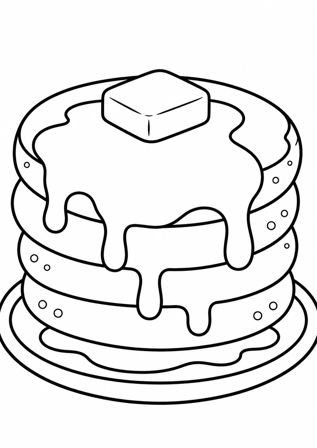 A coloring page showing a stack of pancakes with butter melting on top. The image invites children to color the pancake layers and the dripping syrup for a creative art project.