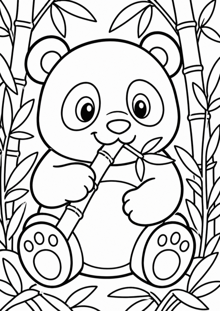 A delightful panda coloring page showing a panda surrounded by bamboo. The panda holds a bamboo shoot, providing an engaging scene for children to color, filled with joyful expressions and natural elements.