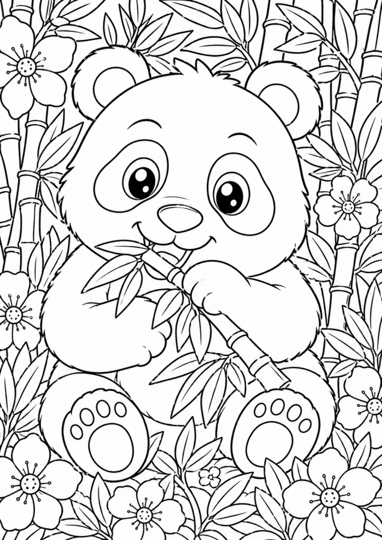 A cute panda is sitting among bamboo stalks and flowers, holding a bamboo shoot with a cheerful expression, ready for kids to color.