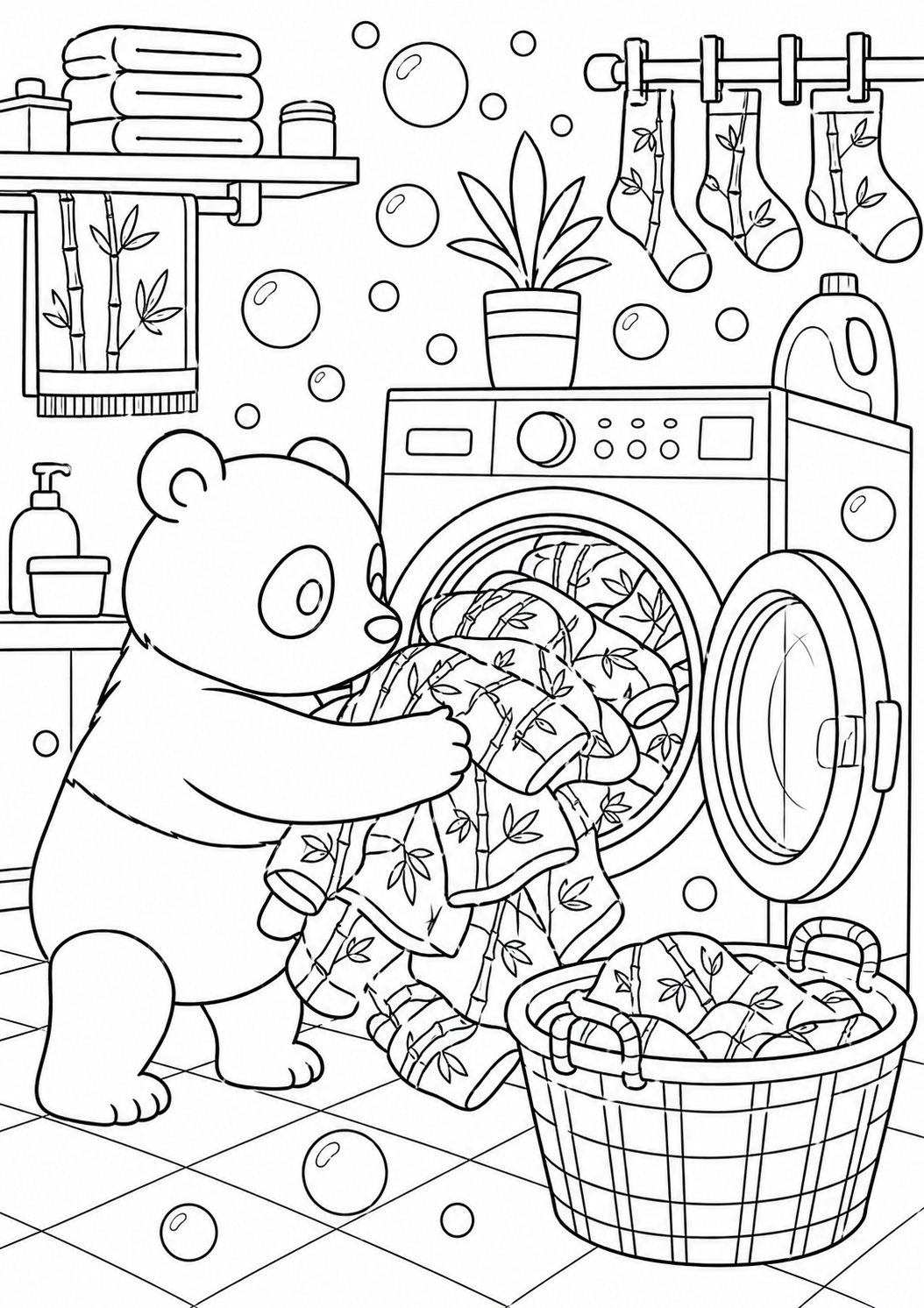 A cute panda doing laundry in a playful setting with a washing machine, bubbles, and other laundry items. Children will enjoy coloring this charming and cheerful scene.