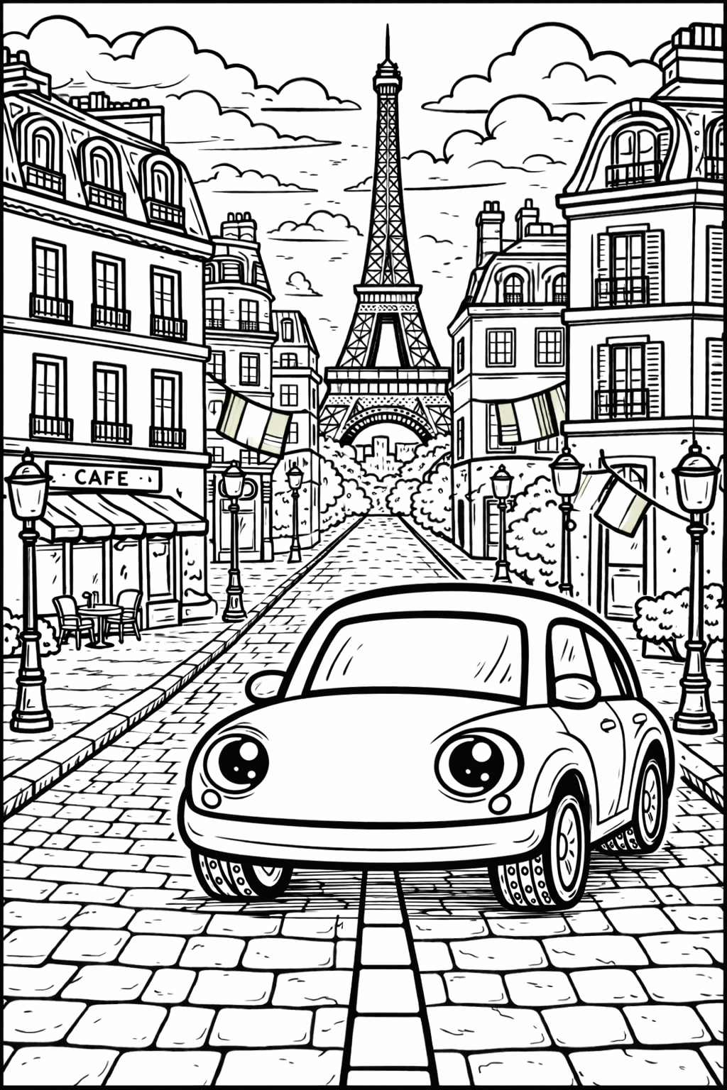 A lively Paris cityscape coloring page with the Eiffel Tower and a charming car driving down a quaint street lined with traditional buildings and cafes.