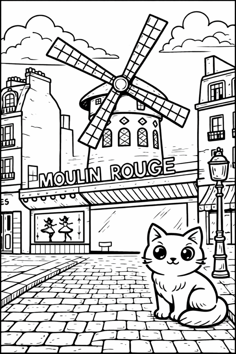 Children can color a cute cat sitting in front of the famous Moulin Rouge with its windmill, bringing a piece of Paris to life through creative coloring, featuring charming city details and playful designs.
