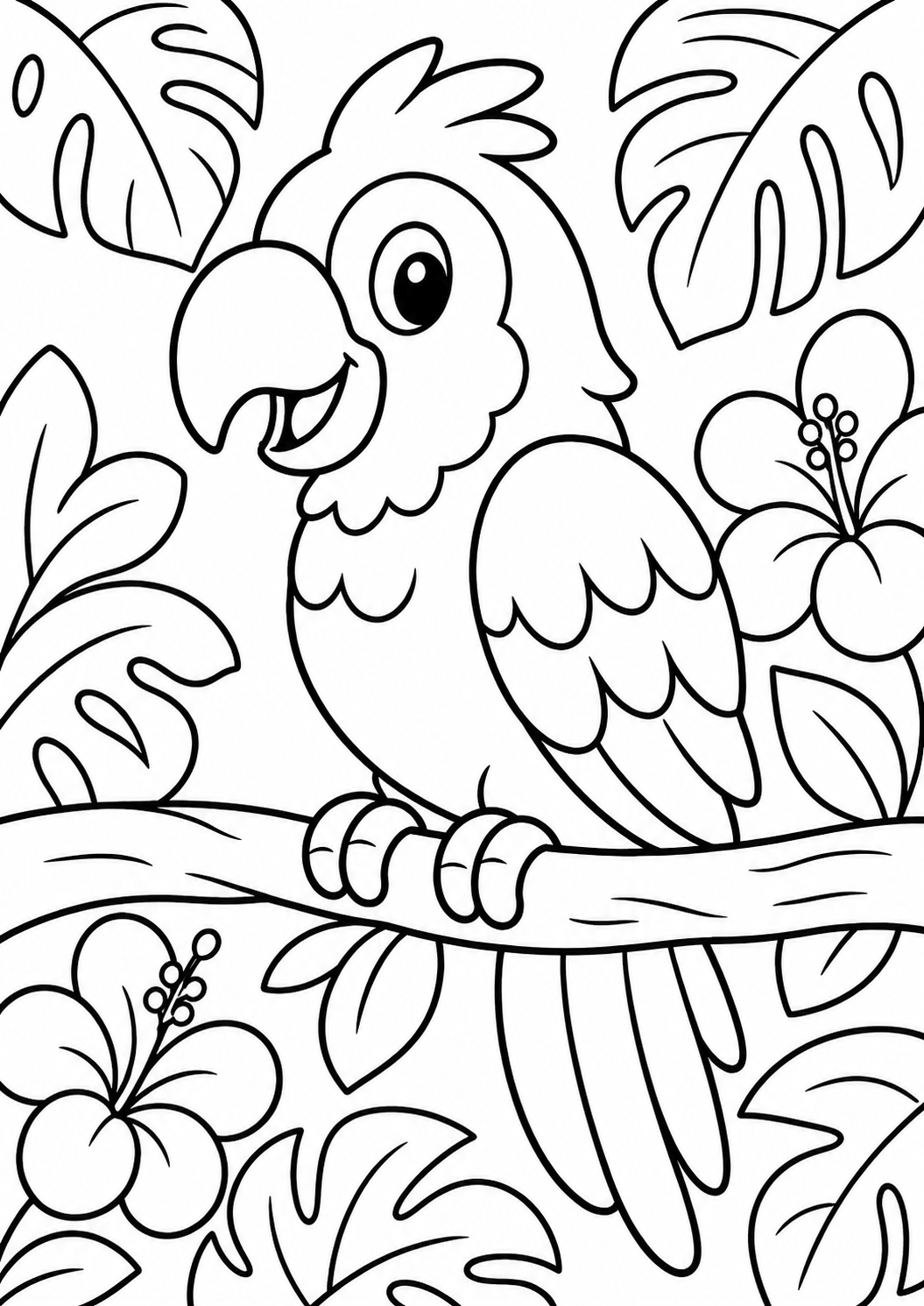 A cheerful parrot is perched on a branch surrounded by tropical leaves and hibiscus flowers, offering a lively jungle scene for children to color and enjoy.