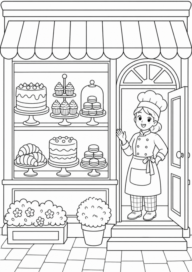 Charming coloring page of a pastry shop with a baker at the door and an array of cakes and pastries displayed, inviting kids to add color to this delightful scene.