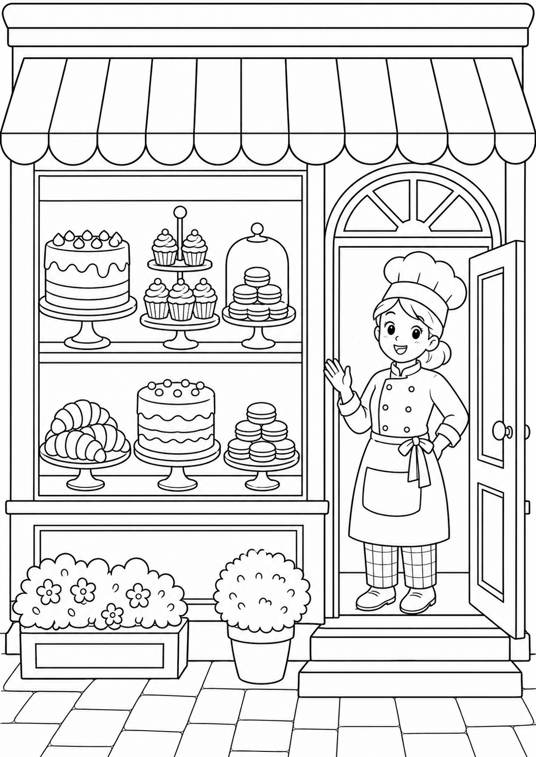 Charming coloring page of a pastry shop with a baker at the door and an array of cakes and pastries displayed, inviting kids to add color to this delightful scene.