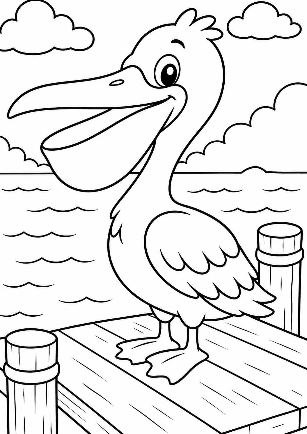 A cheerful pelican stands on a wooden dock, surrounded by gentle waves and fluffy clouds, perfect for children to color.