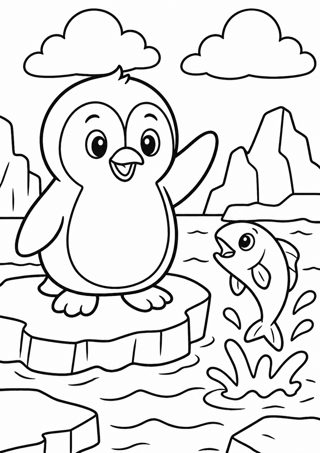 A delightful penguin standing on an ice floe waving while a fish joyfully leaps from the water beside it, set against a scenic backdrop of icy mountains and clouds.