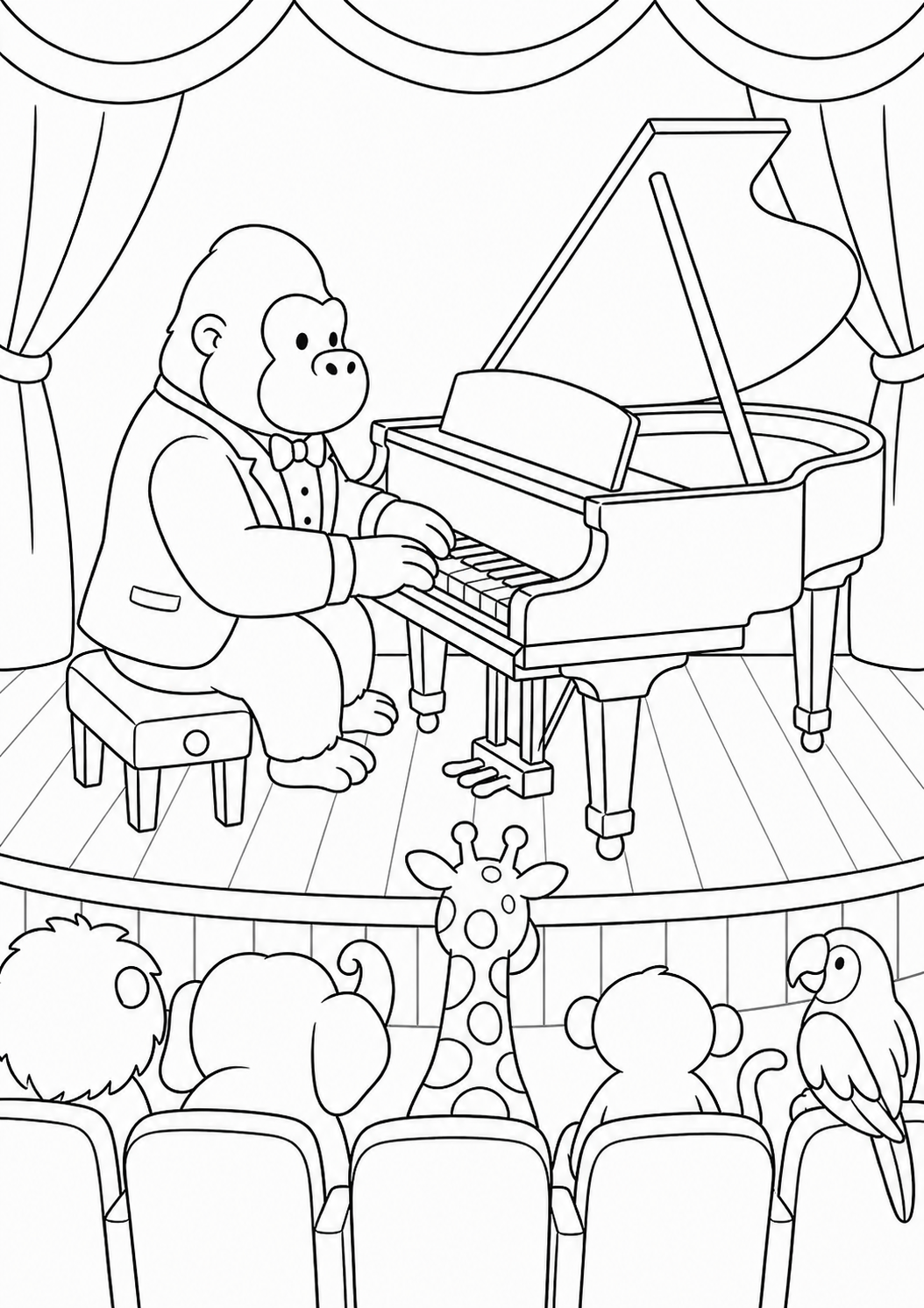 A gorilla in a tuxedo plays a grand piano on stage while a giraffe, parrot, and other animals watch from the audience in a fun and imaginative concert scene.