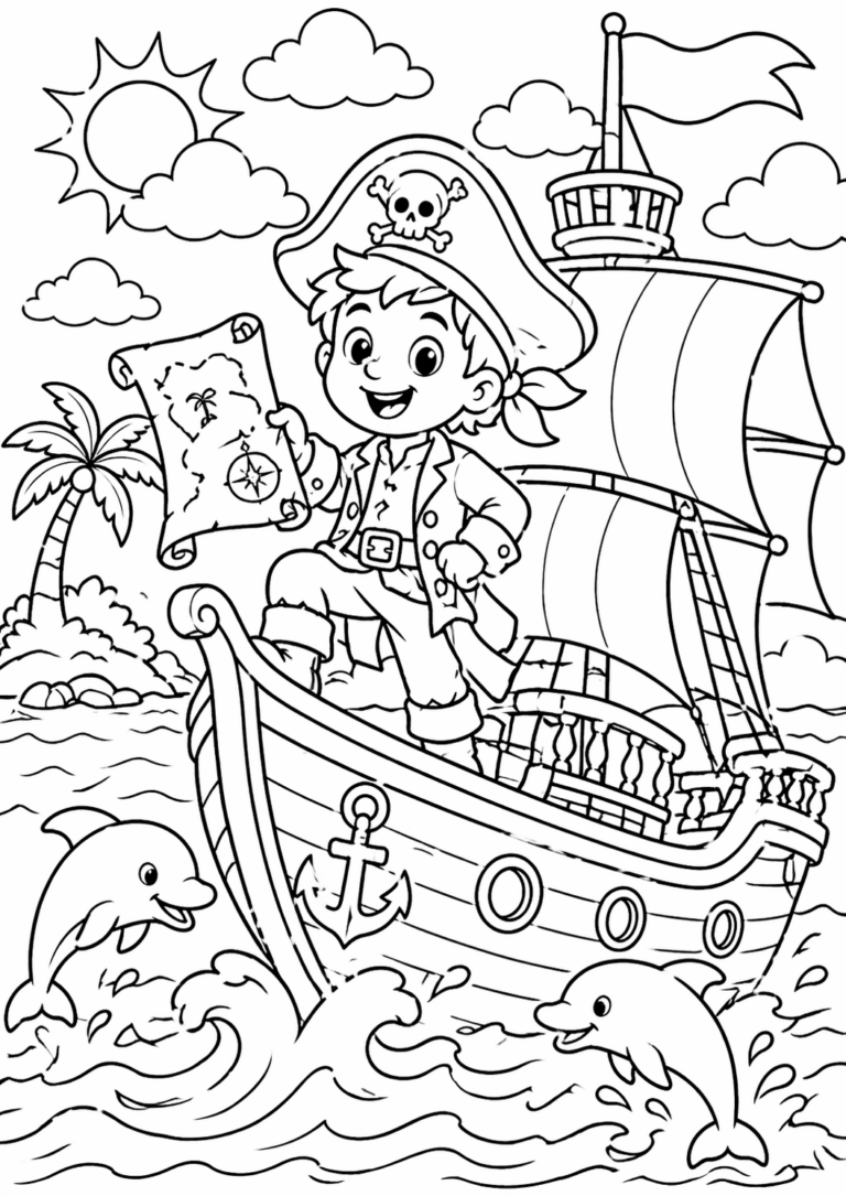 A cheerful pirate holds a treasure map on a ship with tall sails on a sunny day. Dolphins leap in the waves, and a palm tree island is on the horizon, perfect for kids' coloring fun.