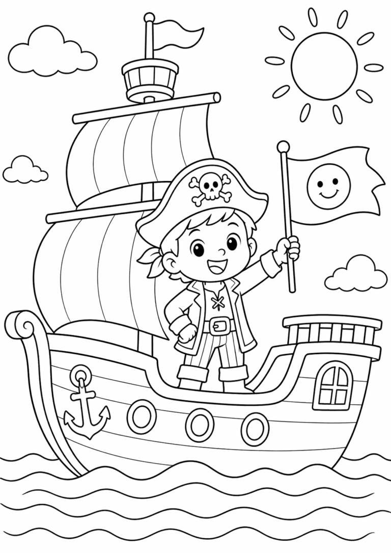 A pirate boy stands on a ship holding a flag with a smile, set against a sunny sky with clouds. Kids can color the vibrant scene, focusing on the pirate, ship details, and the ocean waves.