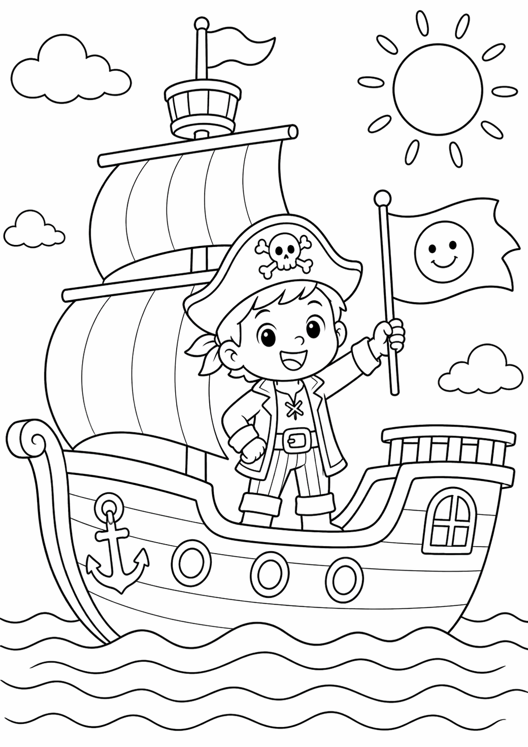 A pirate boy stands on a ship holding a flag with a smile, set against a sunny sky with clouds. Kids can color the vibrant scene, focusing on the pirate, ship details, and the ocean waves.