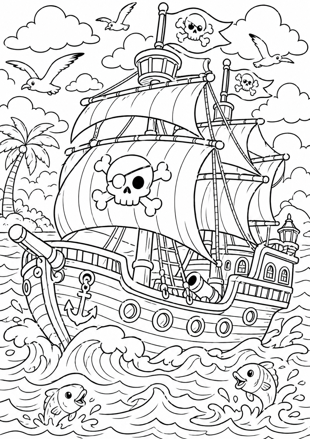 A coloring page of a pirate ship with skull and crossbones sails, surrounded by waves and seagulls, perfect for kids interested in ocean adventures.
