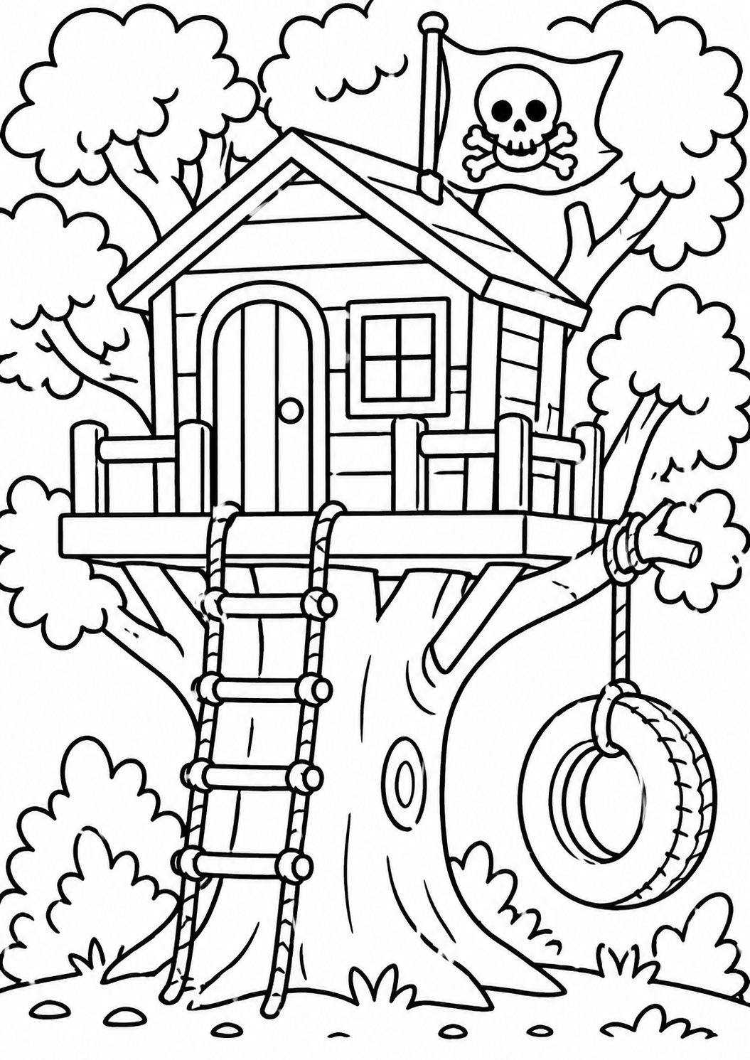 Coloring page of a pirate-themed treehouse with a flag, ladder, and tire swing. The treehouse is perched among leafy branches, creating a whimsical and adventurous setting for children to color.