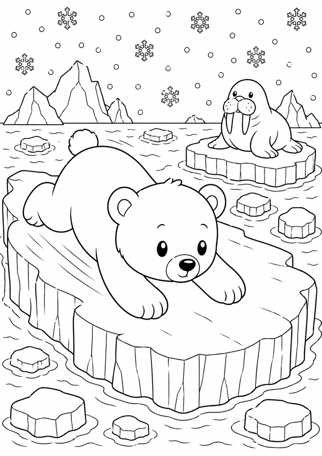 A cute polar bear resting on an ice floe with a walrus in the background, surrounded by snowflakes and a picturesque Arctic setting, ideal for a children's coloring page.