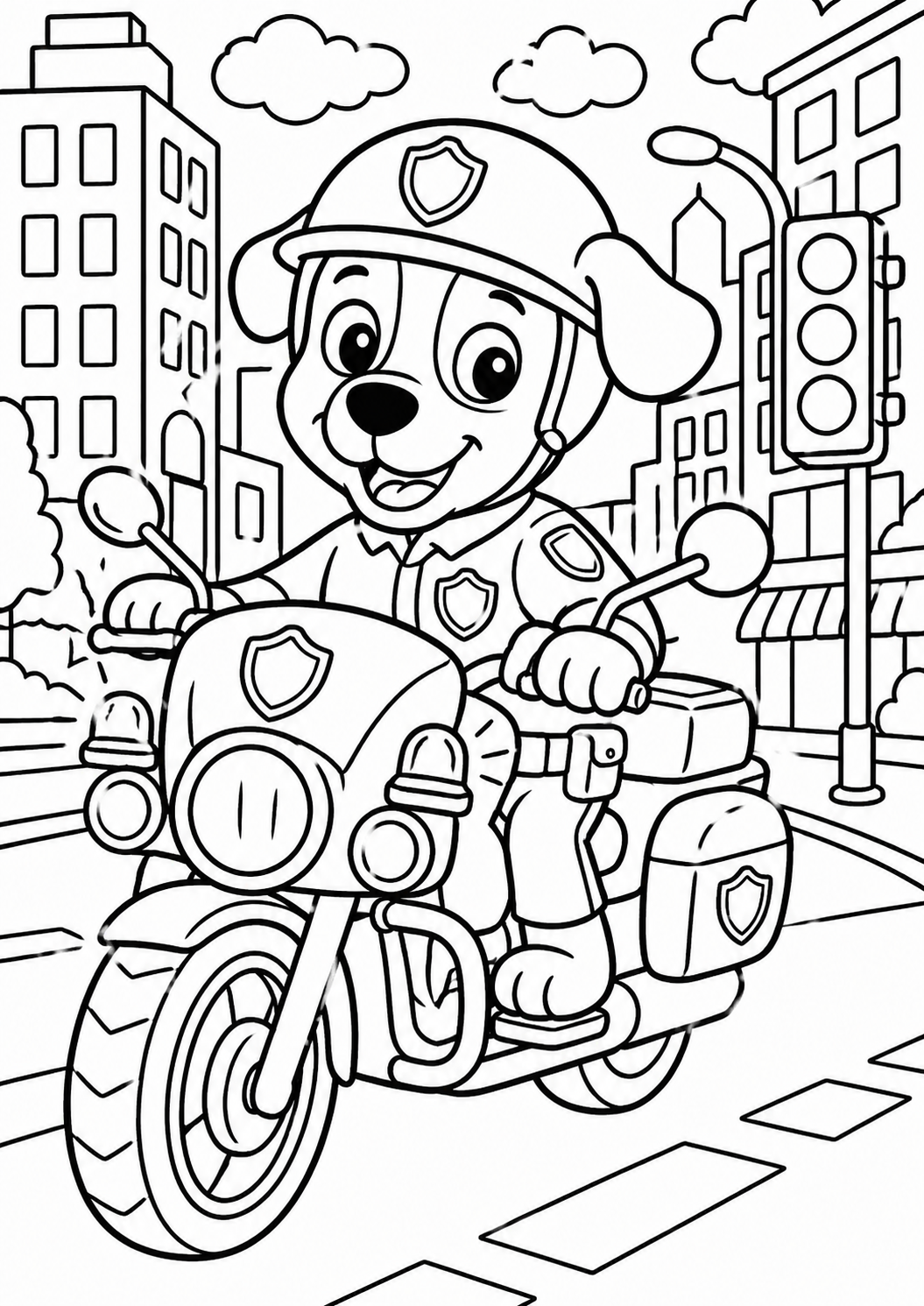 A police dog rides a motorcycle through a city, complete with buildings and a traffic light for children to color.