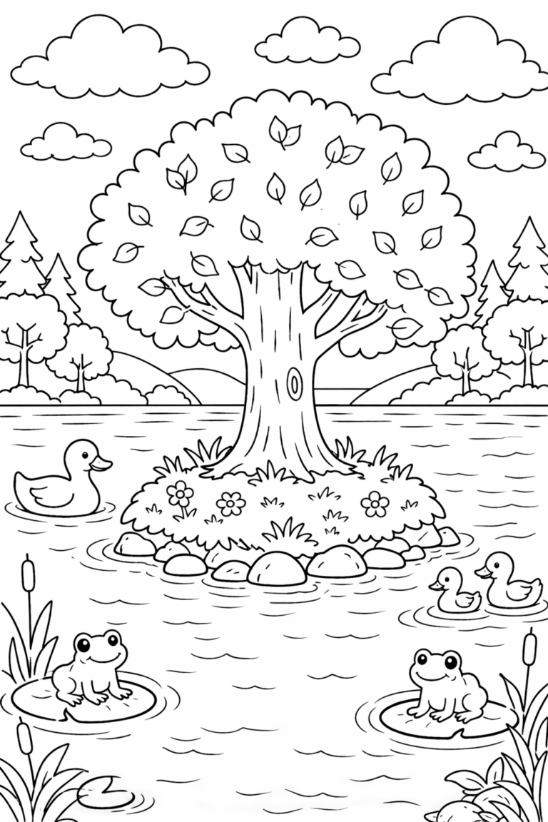 A tranquil pond scene with ducks swimming and frogs sitting on lily pads around a large tree, surrounded by hills and clouds, creating a serene nature experience.