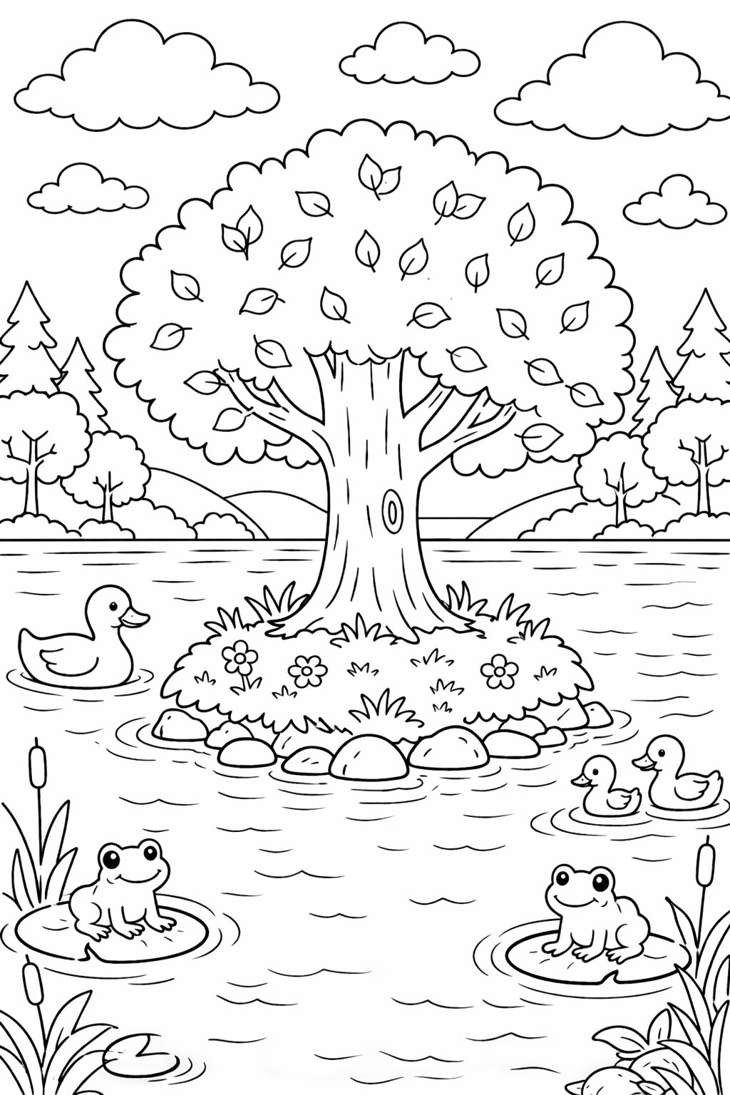 A tranquil pond scene with ducks swimming and frogs sitting on lily pads around a large tree, surrounded by hills and clouds, creating a serene nature experience.