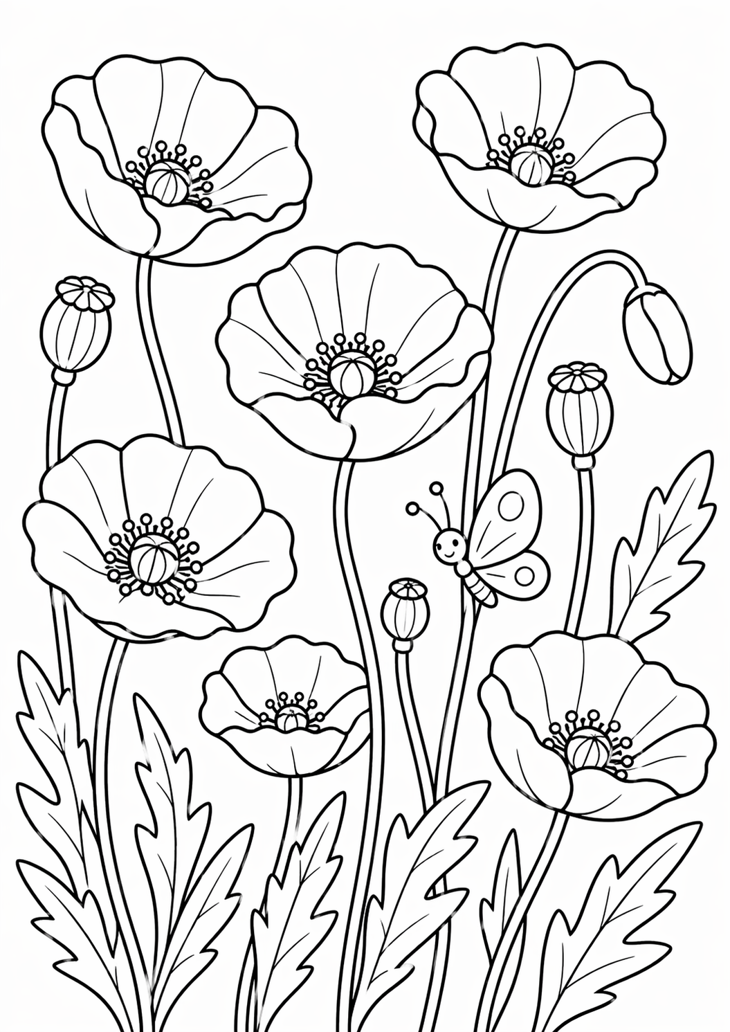 Coloring page showcasing poppy flowers with a butterfly. Blooming petals and buds create a vibrant nature scene. Designed for kids to explore their creativity through colors and learn about nature's beauty.